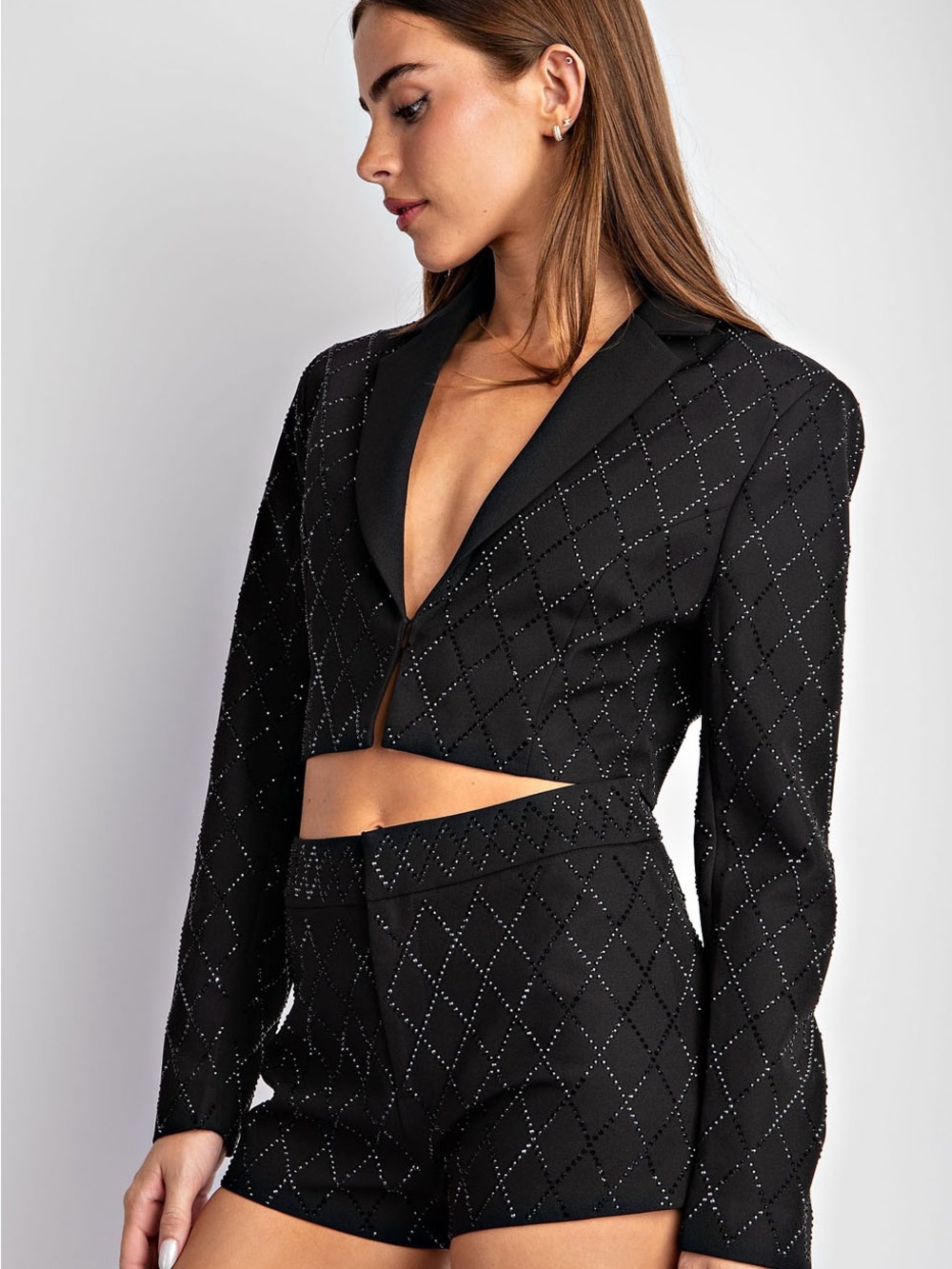 Black Rhinestone Embellished Cropped Blazer